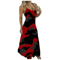 Női ruhák női női Molett méretű álcázás ujjatlan V-gallér hosszú ruha Maxi ruha nyári ruha Női Piros-XXXL