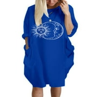 Oucaili női őszi Midi ruha Hosszú ujjú laza póló ruha alkalmi Crewneck Nap Hold nyomtatott hálóing zseb Királykék XS