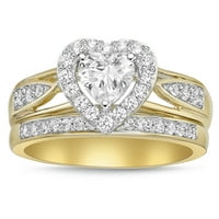 Sterling ezüst 14 kKy aranyozott szívvel Halo szimulált gyémánt menyasszonyi gyűrűkkel