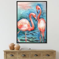 Designart 'rózsaszín flamingók szeretik a madarakat kék vízben i' parasztház keretes vászonfali nyomtatás
