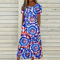 Fragarn Női alkalmi laza rövid ujjú hosszú ruha Split Maxi nyári strand ruha zsebekkel (Kék ~ 3XL~