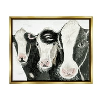 Stupell három tehén farm portré trió állatok és rovarok festés arany úszó keretes művészeti nyomtatott fali művészet