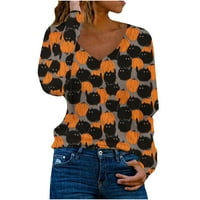Női v nyakú felsők Halloween tök pólók Női macskáknak grafikus nyomtatott ing Hosszú ujjú alkalmi laza pulóver