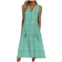 Női divatos Alkalmi Nyomtatott V-nyakú zseb Ujjatlan A-Line ruha aranyos nap ruhák nőknek, Zöld XL