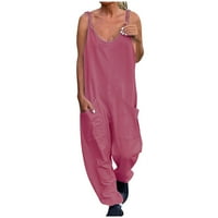 Női laza Fit Scoop Neck Ujjatlan Jumpsuits spagetti pántok hárem hosszú nadrág overall zsebekkel Hot Pink XXXL