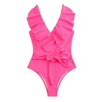 Női fürdőruhák Egyszínű minimalista zsinór Fűzés fodros Jumpsuit Bikini készletek egy fürdőruha a nők Hot Pink XXL