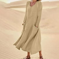 Pejock Túlméretezett laza pamut és Len Maxi ruhák Egyszínű Crewneck A-line Sundresses esik Hosszú ujjú Flowy rakott