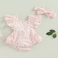 Arvbitana csecsemő baba lányok nyári kezeslábas Fly ujjú négyzet alakú nyakú Virágmintás fodros Jumpsuits fejpánttal