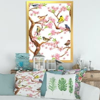 Színes kis madarak a tavaszi virágokon fa keretes festmény vászon művészeti nyomtatás