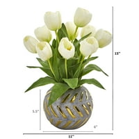 Szinte természetes tulipán mesterséges virág elrendezés dekoratív vázában, fehér