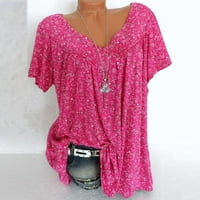 Paiwinds női Molett méretű rövid ujjú V-nyakú nyomtatási blúz pulóver felsők ing rózsaszín 5XL