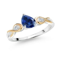 Drágakő király ezüst és 10K sárga arany körte alakú kék létrehozott zafír és fehér Labor nőtt gyémánt női gyűrű