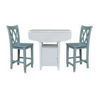 Nemzetközi koncepciók Dual Drop Leaf Counter Height Bistro asztal tárolóval és pult magasságú székekkel, fehér kréta