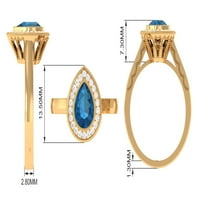 1. CT körte vágott London kék topáz eljegyzési gyűrű Moissanite akcentussal, London kék Topáz arany gyöngyös gyűrű