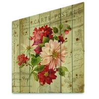 Designart 'piros festett virágok Vintage képeslapon II' parasztház nyomtatás természetes fenyőfára