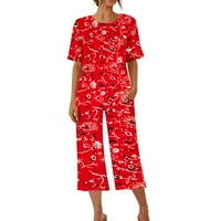Jsaierl pizsama női szett női nyomtatás Kerek nyakú Rövid ujjú Sleepshirt és nadrág készletek Loungewear pizsama zsebekkel