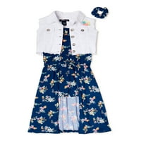 Limited Toout Lányok Maxi ruha és farmer dzseki ingyenes scrunchie-vel, 2-darabból álló szett, 4-12.