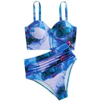 Női divat nyomtatás nyári új magas derék Szexi Split Bikini két fürdőruha Kék S