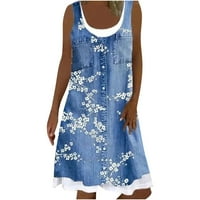 Drindf Mini ruhák nőknek nyári Legénység gallér tunika Hamis kétrészes farmer ruha Flowy virágmintás ujjatlan Tank