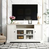 MomSpeace Modern TV -állvány edzett üvegajtókkal és tárolóhelyekkel, minimalista TV -konzol asztal a 65 '' - fehér
