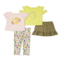 Forever Me Toddler Girls Rövid ujjú pólók, rövidnadrág és szoknya, 4 részes ruhakészlet, Méretek 2T-5T
