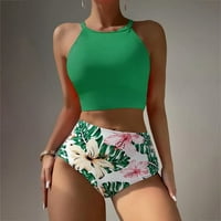 Aayomet fürdőruha női magas derekú Bikini szett két fürdőruha elülső nyakkendő csomó fürdőruha, Zöld S
