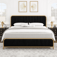 Homfa King Size ágykeret Fiókos, Kerek Fém cső Platform ágy csomózott kárpitozott fejtámla, arany és fekete