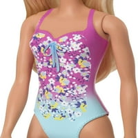 Barbie fürdőruha Beach Doll szőke haj & rózsaszín virágmintás öltöny