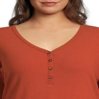 Terra & Sky Women's Plus Rib kötött Jersey Henley Midi ruha