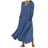 Maxi ruha Női Divat Női Divat Hosszú ujjú egyszínű pamut vászon Kerek nyakú zseb ruha kék