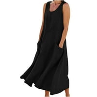 Női nyári Divat Alkalmi Egyszínű Ujjatlan Pamut vászon hosszú ruha zsebekkel Fekete 3XL
