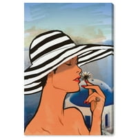 Wynwood Studio Fashion and Glam mediterrán vászon művészet - Lady csíkos kalapban nyaraláson, fali művészet a nappali,
