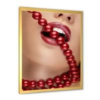 Designart 'Girl száj vörös rúzs harapós piros gyöngyök' Modern keretes művészeti nyomtatás