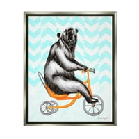 Stupell Industries ordító medve lovaglás tricikli szeszélyes chevron minta grafikus művészet csillogó szürke úszó keretes