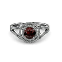 Vörös gránát és gyémánt kettős Halo eljegyzési gyűrű 1. ct tw 14k fehér aranyban.Méret 4.5