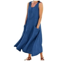 TKing Divat Női nyári nyári alkalmi laza egyszínű ruha ujjatlan O nyakú zseb Maxi ruhák nőknek Kék XL