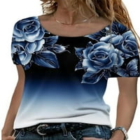 Eleluny Női virágos Rövid ujjú póló felsők nyári alkalmi blúz plusz méretű kék 2XL