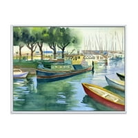 Hajók a tónál zöld tavaszi keretes festmény vászon művészeti nyomtatás