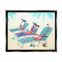 Stupell Industries Pink Flamingos Lounging Beach székek trópusi jelenet grafikus művészet jet fekete lebegő keretes