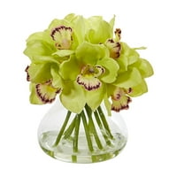 Szinte természetes cymbidium orchidea mesterséges virág üvegvázában, zöld