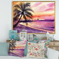 Designart 'lila és rózsaszín Palm Beach naplemente' tengeri és parti keretes vászon nyomtatvány