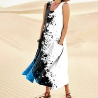 Táplálkozó gödröcske női nyári Laza Pamut vászon Kerek nyakú Nyomtatott Ujjatlan nagy hinta hosszú ruha zsebekkel