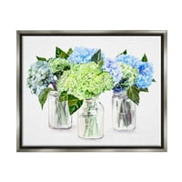 A Stupell változatos virágos hortenzia üvegek botanikus és virágfestmény szürke úszó keretes művészet nyomtatott fali