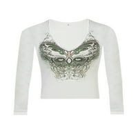 Licupiee Női Hosszú ujjú pulóver fehér pillangó Vintage nyomtatás V-nyakú póló Slim Fit sokoldalú felsők Streetwear