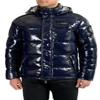 Plein Sport férfi Sötétkék logó nyomtatás Zip Up kapucnis Parka kabát Sz US 2XL IT 56