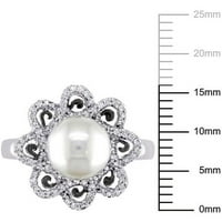 Fehér kerek édesvízi tenyésztett gyöngy és karát T.W. Gyémánt sterling ezüst virágtervezés koktélgyűrű