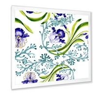 Absztrakt kék írisz vad tavaszi levelekkel keretes festmény vászon művészeti nyomtatás