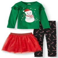 Karácsonyi hosszú ujjú grafikus fodros póló, tutu és nyomtatott nadrág, ruhakészlet