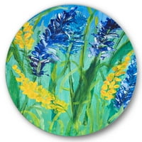 Designart 'sárga és kék vadvirágok és fű Gouache' hagyományos kör fém fal Art-lemez 36