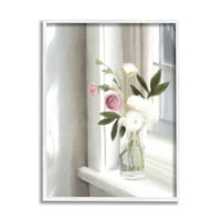 Stupell Industries napfényes virágcsokor virágzó fehér szirmok ablakpárkány festmény fehér keretes művészeti nyomtatási